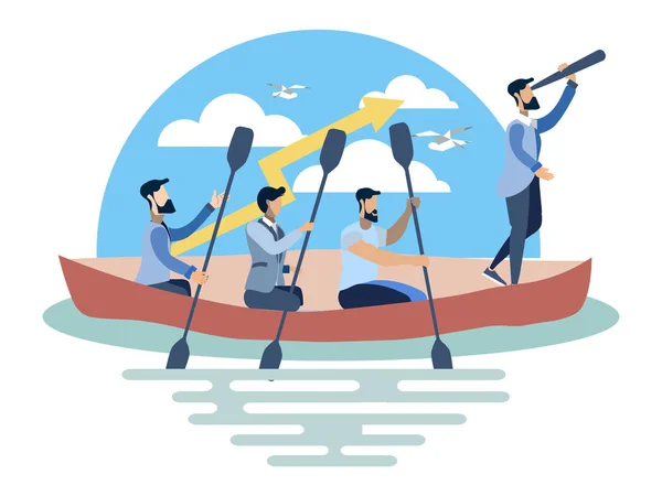 Team work on boat. Business success metaphor in minimalistic flat style. Cartoon vector illustration — Stock Vector