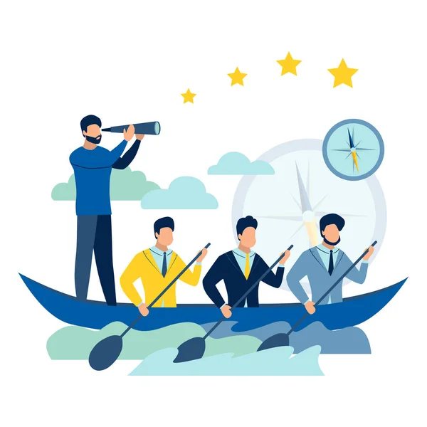 Team work on boat. Business success metaphor in minimalistic flat style. Cartoon vector illustration — Stock Vector