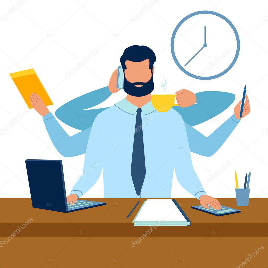 Businessman with six hands multitasking work metaphor. Flat style. Cartoon vector illustration