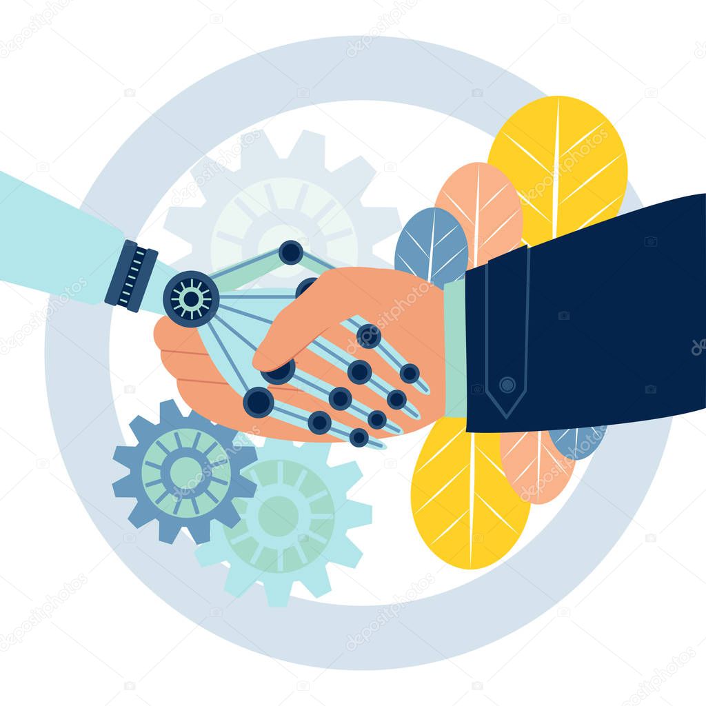 Mechanical human robot handshake . Business make deal metaphor in minimalistic flat style. Cartoon vector illustration