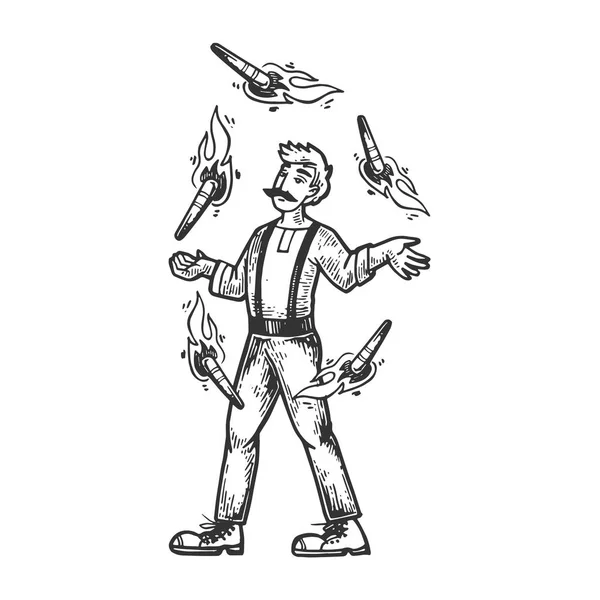 Цирк вогонь жонглер виконавця гравіювання Векторні ілюстрації. Імітація стилю подряпини дошки. Чорно-біле намальоване зображення руки . — стоковий вектор