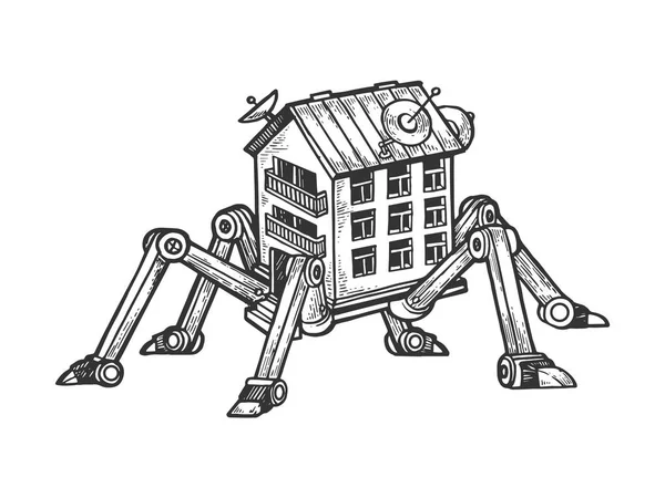 Fantástica casa fabulosa em pernas de aranha gravura ilustração vetorial. Imitação de estilo Scratch board. Imagem desenhada à mão preto e branco . — Vetor de Stock