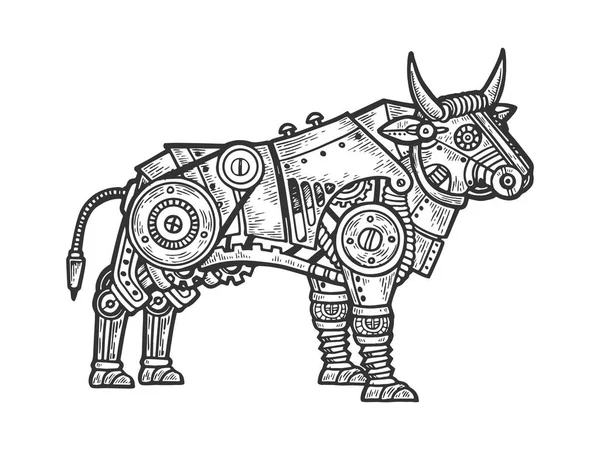 Illustrazione meccanica del vettore di incisione animale del toro. Imitazione in stile gratta e vinci. Immagine disegnata a mano in bianco e nero . — Vettoriale Stock