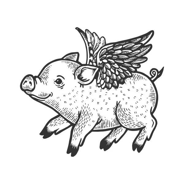 Angel voando bebê pequeno piggy gravura vetor ilustração. Imitação de estilo Scratch board. Imagem desenhada à mão preto e branco . —  Vetores de Stock