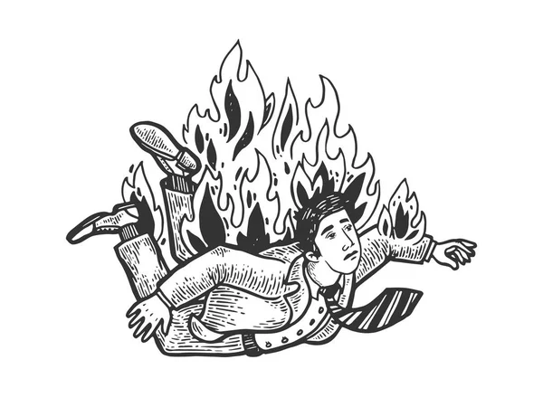 Caduta uomo in fiamme incisione vettoriale illustrazione. Imitazione in stile gratta e vinci. Immagine disegnata a mano in bianco e nero . — Vettoriale Stock