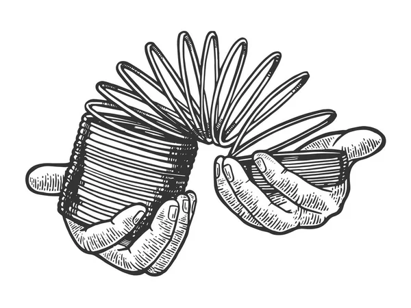 Händer spelar med våren leksak gravyr vektorillustration. Repa styrelsen stil imitation. Handen ritade bilden. — Stock vektor