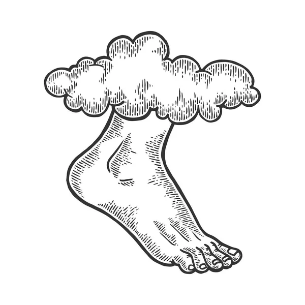 Божа нога з неба хмарна гравюра Векторні ілюстрації. Імітація стилю подряпини дошки. Чорно-біле намальоване зображення руки . — стоковий вектор