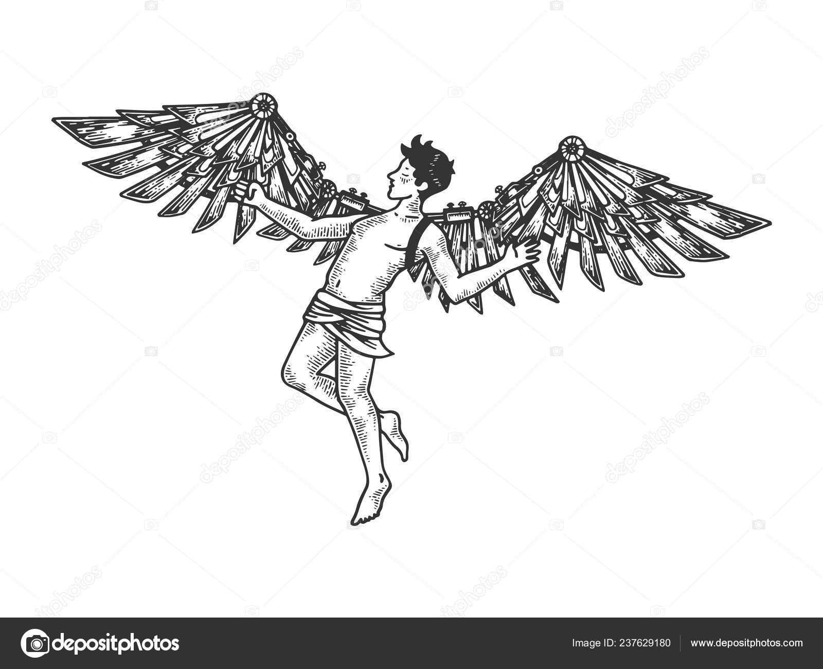 Icarus with mechanical wings Greek mythology engraving vector illustration. Scratch board style