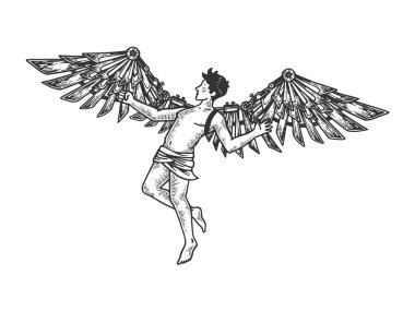 Icarus with mechanical wings Greek mythology engraving vector illustration. Scratch board style imitation. Black and white hand drawn image. clipart