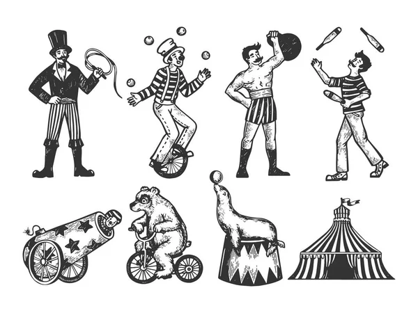 Retro circus performance set sketch style vector illustration. Old hand drawn engraving imitation. Human and animals vintage drawings — Stock Vector