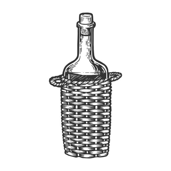 Garrafa de vinho carboy com cesta gravura gravura vetor ilustração. Imitação de estilo Scratch board. Imagem desenhada à mão . —  Vetores de Stock