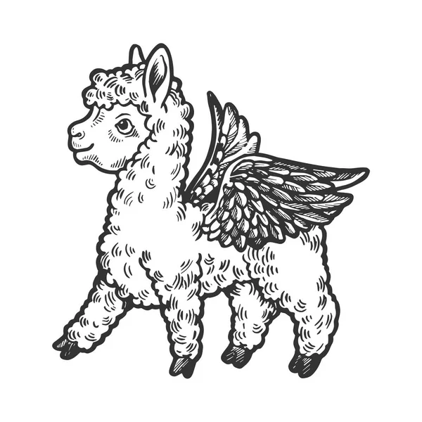 Angel terbang bayi kecil llama ukiran vektor ilustrasi. Peniruan gaya papan gores. Citra gambar tangan hitam dan putih . - Stok Vektor
