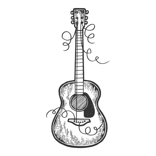 Guitar with torn strings engraving vector illustration. Scratch board style imitation. Black and white hand drawn image. — Stock Vector