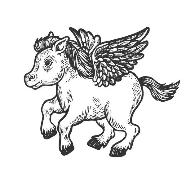 Ängel som flyger baby lilla ponny häst gravyr vektorillustration. Repa styrelsen stil imitation. Svart och vitt handen ritade bilden. — Stock vektor