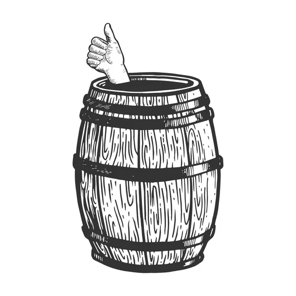 Thumb up in wine barrel engraving vector — Stock Vector