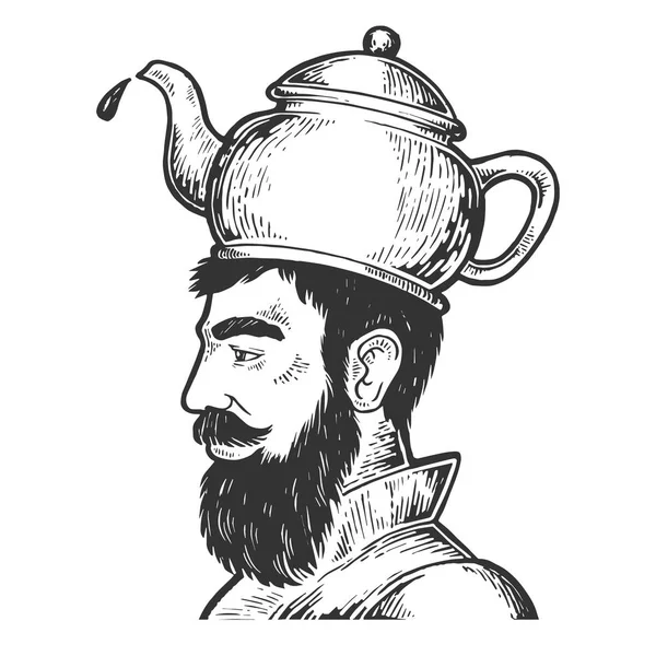 Uomo con bollitore bollente teiera cappello incisione vettoriale illustrazione. Imitazione in stile gratta e vinci. Immagine disegnata a mano . — Vettoriale Stock