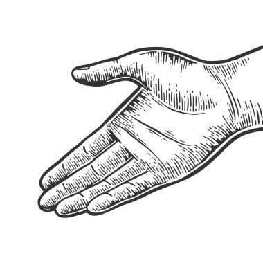 Açık el palm jest oyma vektör çizim. Yönetim Kurulu tarzı taklit kaşı. Siyah ve beyaz el çizilmiş resim.