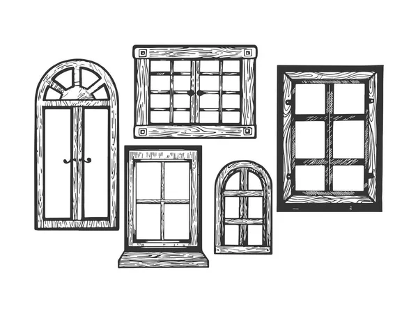 Hus gamla träfönster gravyr vektorillustration. Repa styrelsen stil imitation. Svart och vitt handen ritade bilden. — Stock vektor