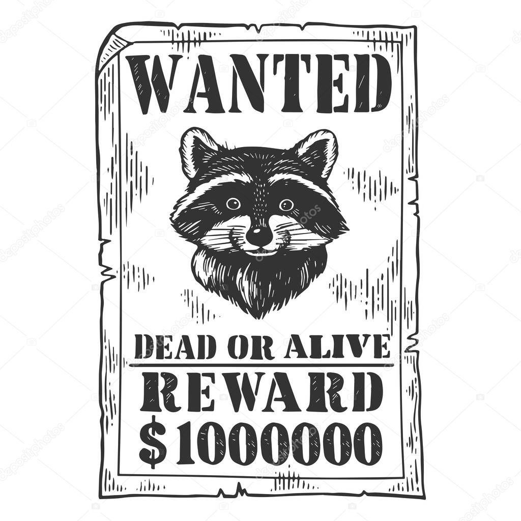 Raccoon criminal reward poster engraving vector illustration. Scratch board style imitation. Black and white hand drawn image.