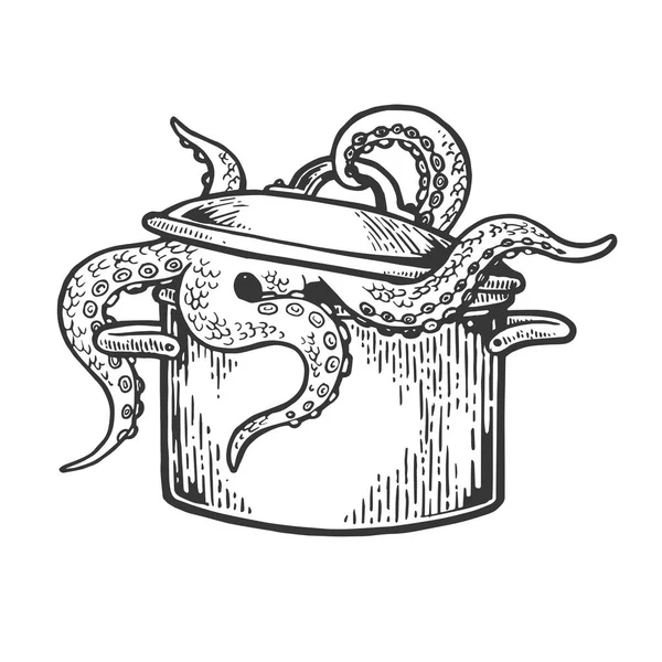 Морское животное-осьминог выходит из векторной иллюстрации на сковороде. Имитация в стиле Scratch board. Ручное изображение . — стоковый вектор