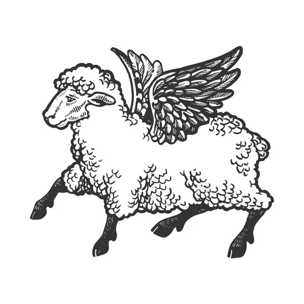Anioł latające owce Grawerowanie ilustracji wektorowych. Podstaw deska stylu imitacja. Czarno-białe strony narysowanych obrazu. — Wektor stockowy