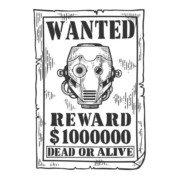 Cyborg robot criminal recompensa póster grabado vector ilustración. Scratch board estilo imitación. Imagen dibujada a mano en blanco y negro . — Archivo Imágenes Vectoriales
