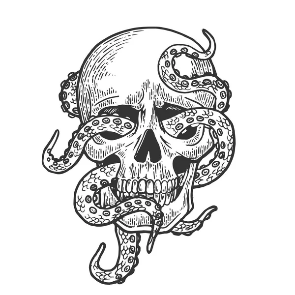 Octopus in menselijke schedel gravure vectorillustratie. Kras bestuur stijl imitatie. Zwart-wit getekende handbeeld. — Stockvector