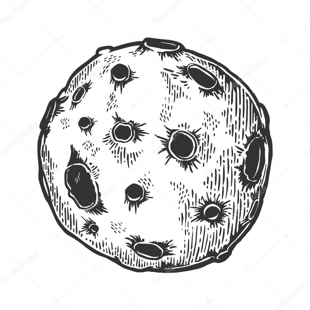 Planet with asteroid meteorite planet impact crater engraving vector illustration. Scratch board style imitation. Black and white hand drawn image.