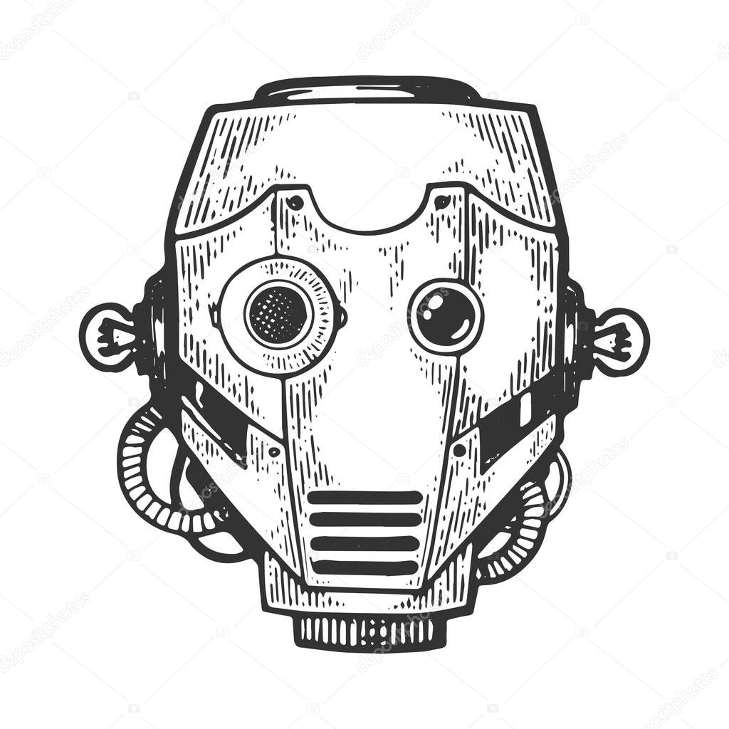 Cyborg robot metal head engraving vector illustration. Scratch board style imitation. Black and white hand drawn image.
