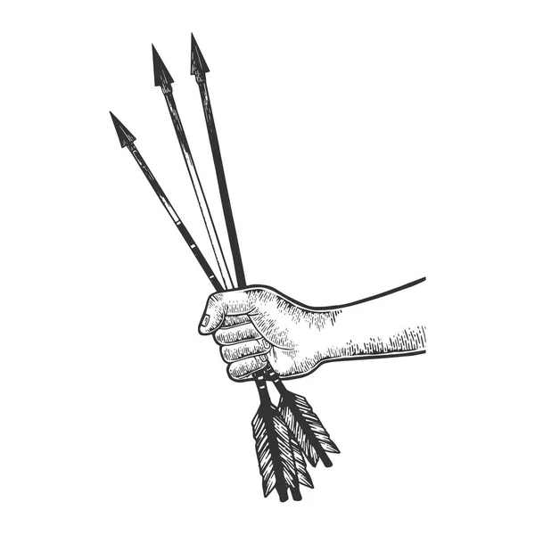 Hand met pijlen vintage gravure vectorillustratie. Kras bestuur stijl imitatie. Zwart-wit getekende handbeeld. — Stockvector