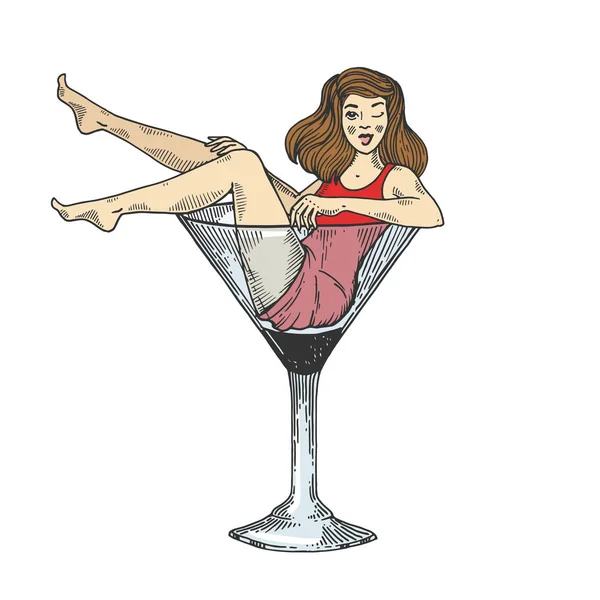 Jovem mulher beleza sexy sentar no alto martini coquetel vidro cor esboço gravura vetor ilustração. Imitação de estilo Scratch board. Imagem desenhada à mão preto e branco . —  Vetores de Stock
