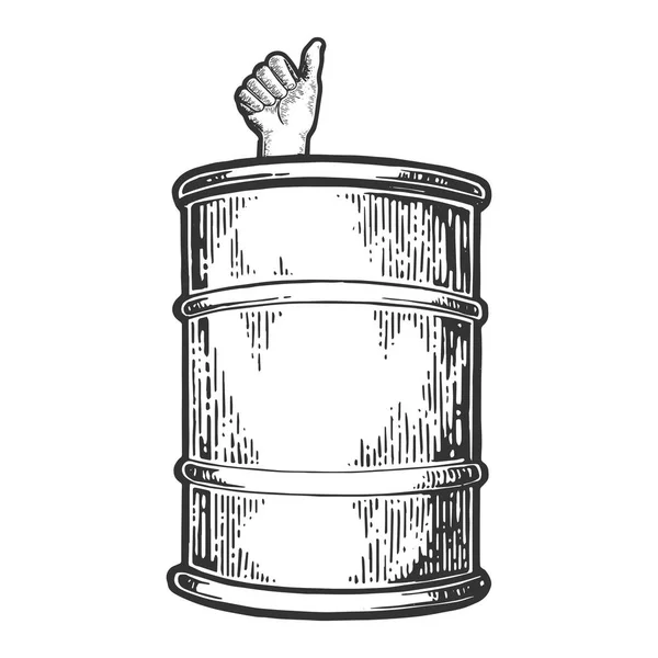 Palec nahoru v ropy barel gravírování vektorové ilustrace. Odkládací deska stylu imitace. Černá a bílá ruka nakreslený obrázek. — Stockový vektor