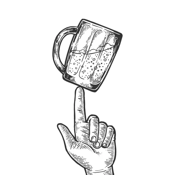 Coupe en verre de bière filant sur illustration vectorielle gravure doigt. Imitation de style scratch board. Image dessinée à la main noir et blanc . — Image vectorielle