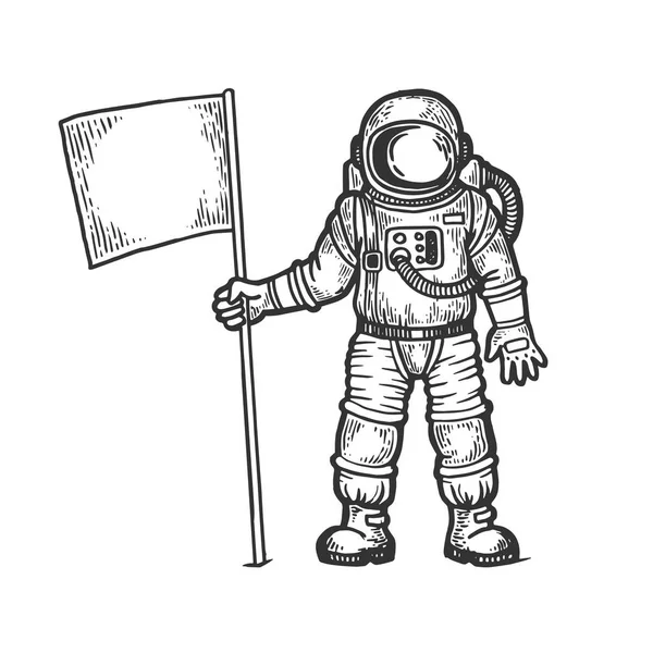 Astronaut spaceman med flagga skiss gravyr vektorillustration. Repa styrelsen stil imitation. Svart och vitt handen ritade bilden. — Stock vektor