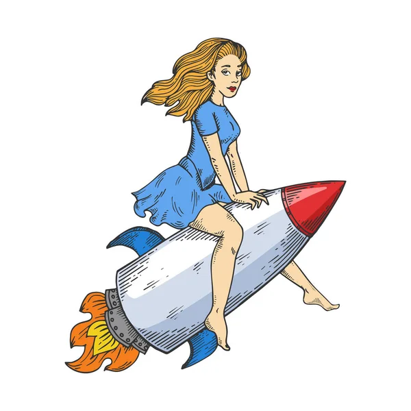 Joven belleza sexy mujer volar en cohete color boceto grabado vector ilustración. Scratch board estilo imitación. Imagen dibujada a mano en blanco y negro . — Archivo Imágenes Vectoriales