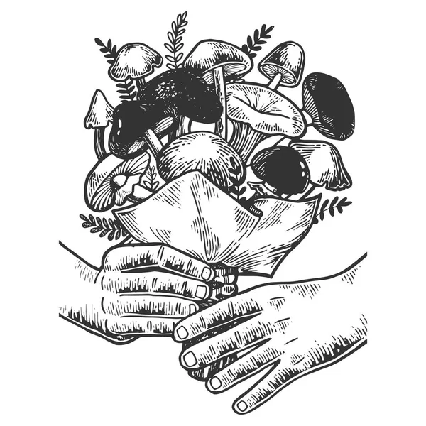 Руки с букетом грибов эскиз гравировки векторной иллюстрации. Имитация в стиле Scratch board. Черно-белое изображение . — стоковый вектор