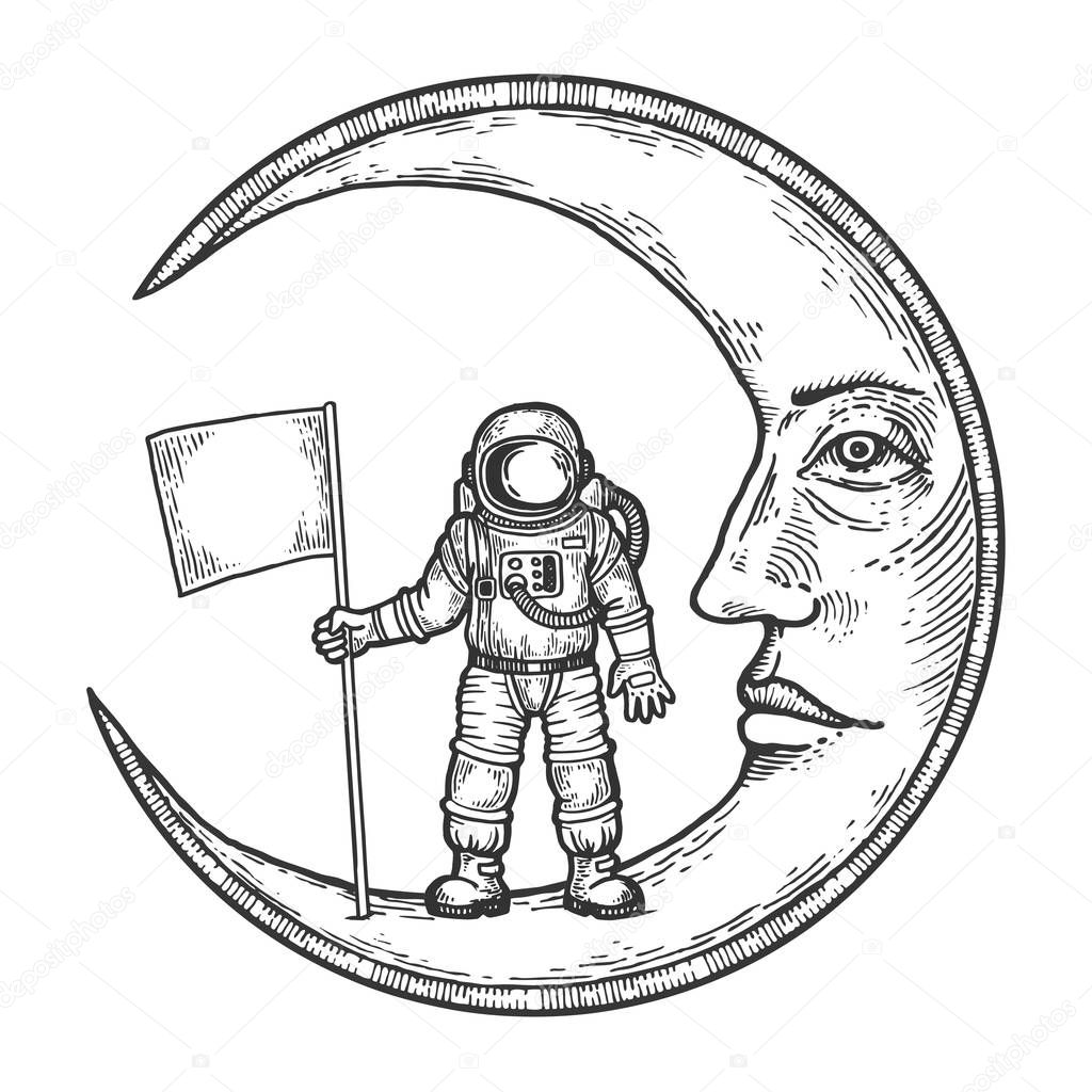 Astronaut spaceman with flag on cartoon moon with face sketch engraving vector illustration. Scratch board style imitation. Black and white hand drawn image.
