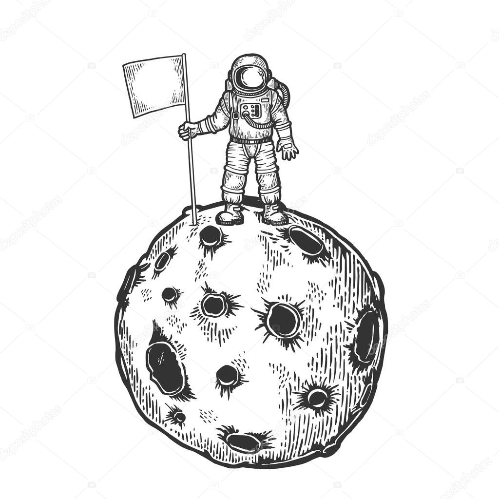 Astronaut spaceman with flag on planet with impact craters sketch engraving vector illustration. Scratch board style imitation. Black and white hand drawn image.