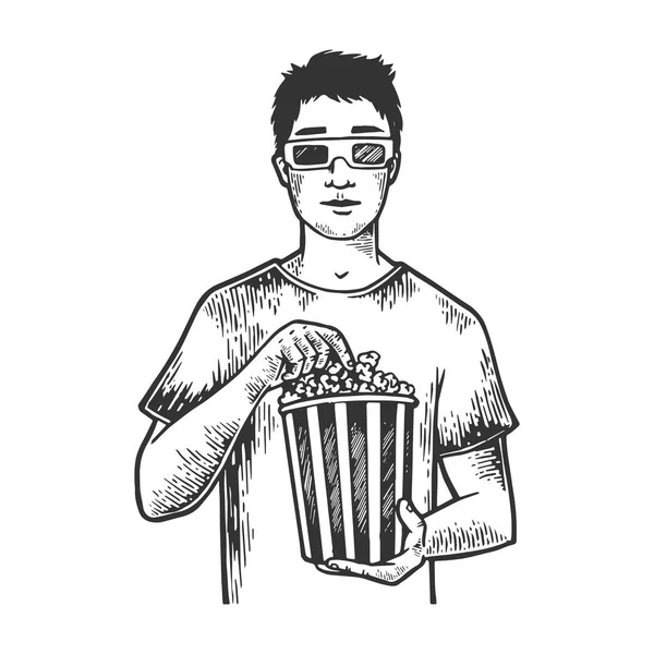 Человек с поп-кукурузой в анаглифических очках рисует винтажную гравировку векторной иллюстрацией. Имитация в стиле Scratch board. Черно-белое изображение . — стоковый вектор