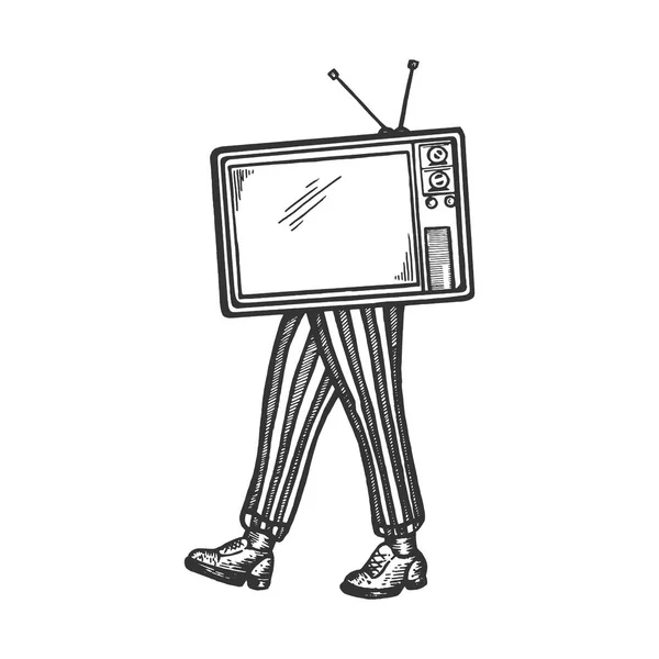 TV camina sobre sus pies boceto grabado vector ilustración. Scratch board estilo imitación. Imagen dibujada a mano en blanco y negro . — Archivo Imágenes Vectoriales