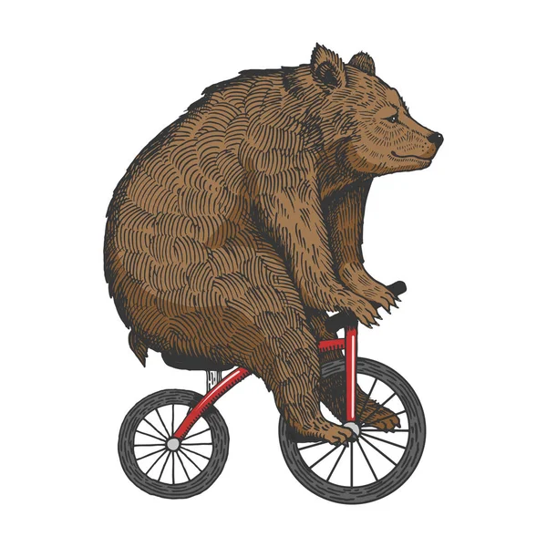 Circus bear op fiets schets gravure vectorillustratie. Kras bestuur stijl imitatie. Hand getekende afbeelding. — Stockvector