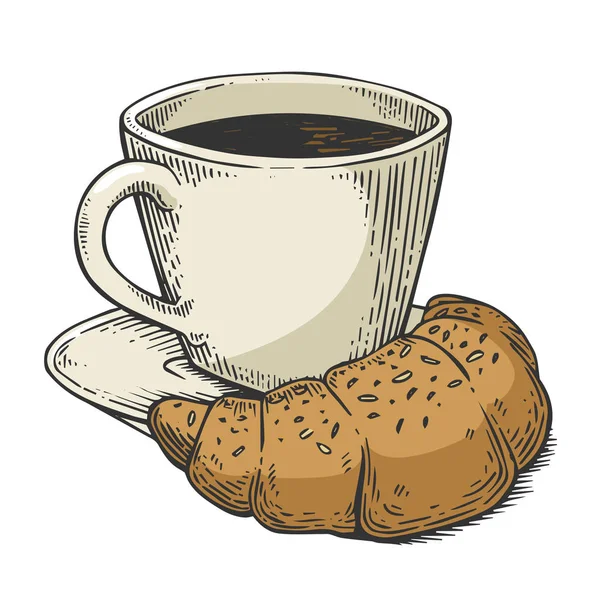 快餐咖啡和羊角面包颜色素描雕刻向量插图。划痕板式模仿。黑白手绘图像. — 图库矢量图片