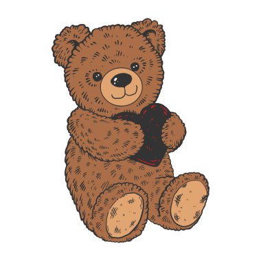Oyuncak ayı oyuncak kalp renk sketch vektör çizim oyma ile. Yönetim Kurulu tarzı taklit kaşı. Elle çizilmiş resim.
