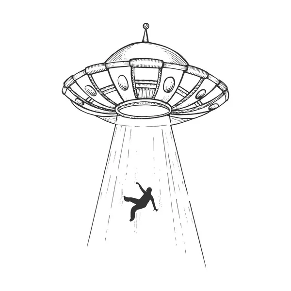 UFO Piattino volante rapisce persona umana schizzo incisione vettoriale illustrazione. Imitazione in stile gratta e vinci. Immagine disegnata a mano in bianco e nero . — Vettoriale Stock