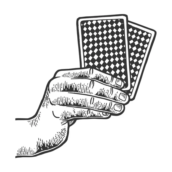 Poker carte da gioco in mano schizzo incisione vettoriale illustrazione. Imitazione in stile gratta e vinci. Immagine disegnata a mano in bianco e nero . — Vettoriale Stock