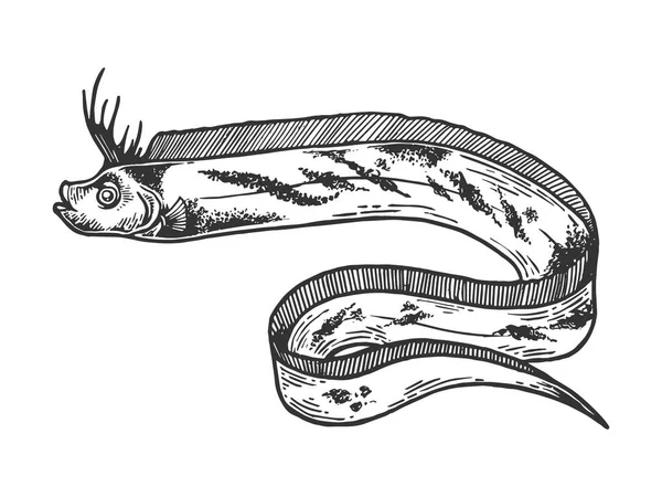 Giant oarfish fisk animaliskt skiss gravyr vektorillustration. Repa styrelsen stil imitation. Svart och vitt handen ritade bilden. — Stock vektor