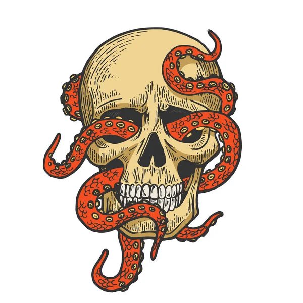 Octopus na ilustração humana do vetor da gravura do esboço da cor do crânio. Imitação de estilo Scratch board. Imagem desenhada à mão preto e branco . —  Vetores de Stock