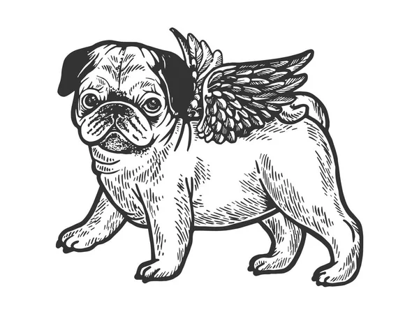 Pug köpek köpek yavrusu sketch vektör çizim oyma uçan melek. Yönetim Kurulu tarzı taklit kaşı. Siyah ve beyaz el çizilmiş resim. — Stok Vektör