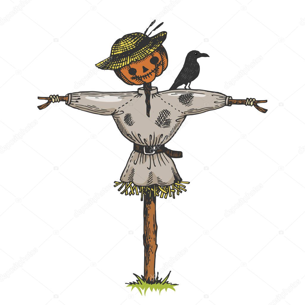 Scarecrow doll color sketch engraving vector illustration. Scratch board style imitation. Hand drawn image.