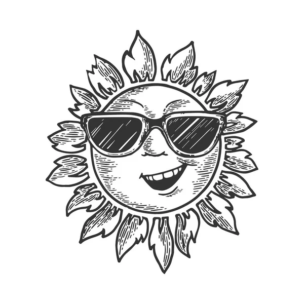 Cartoon-Sonne mit Gesicht in Sonnenbrille skizziert Graviervektorillustration. Scratch-Board-Imitat. Handgezeichnetes Schwarz-Weiß-Bild. — Stockvektor